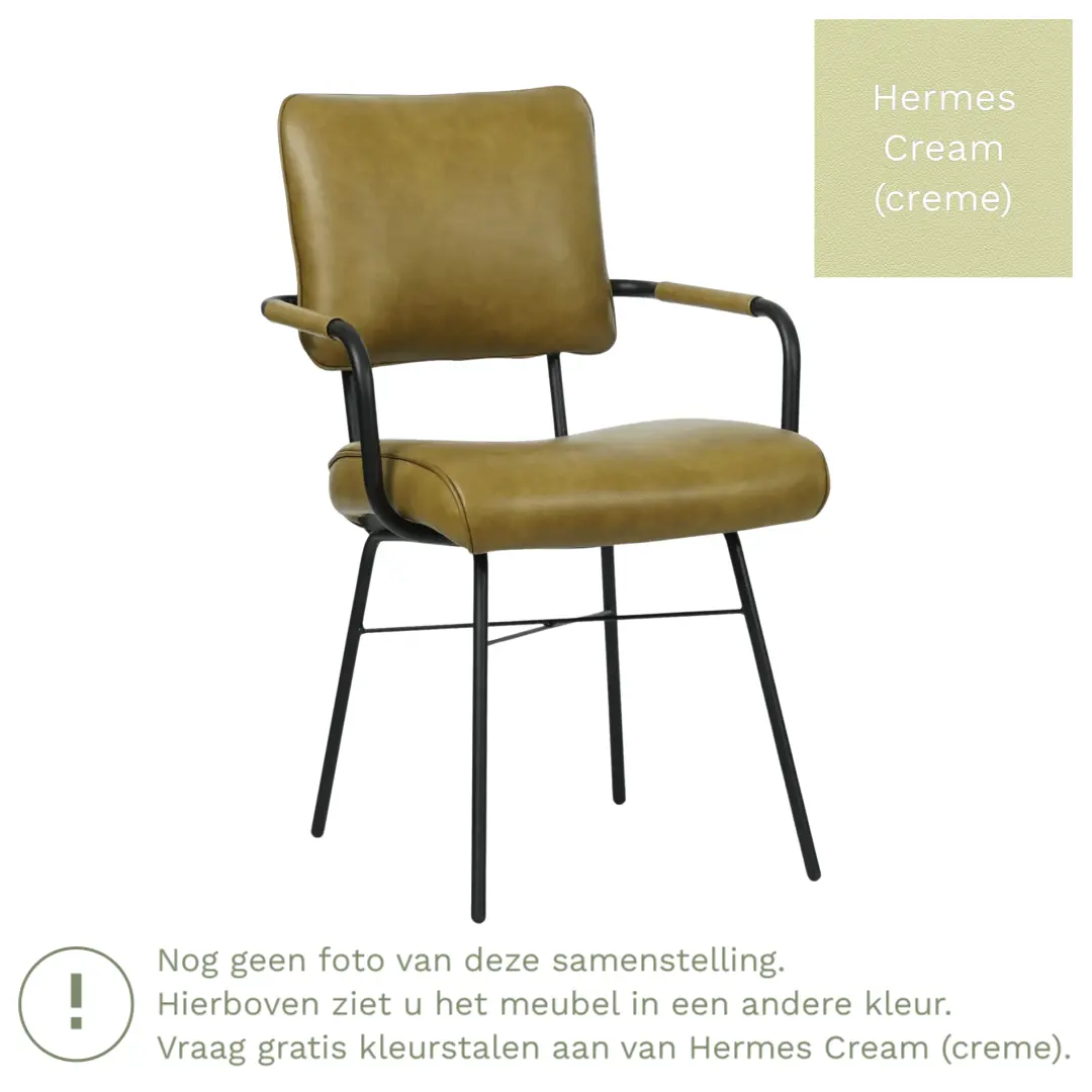 afbeelding van Leren eetkamerstoel Solid met armleuning - Hermes Cream (crème) - Poten staal rond zwart