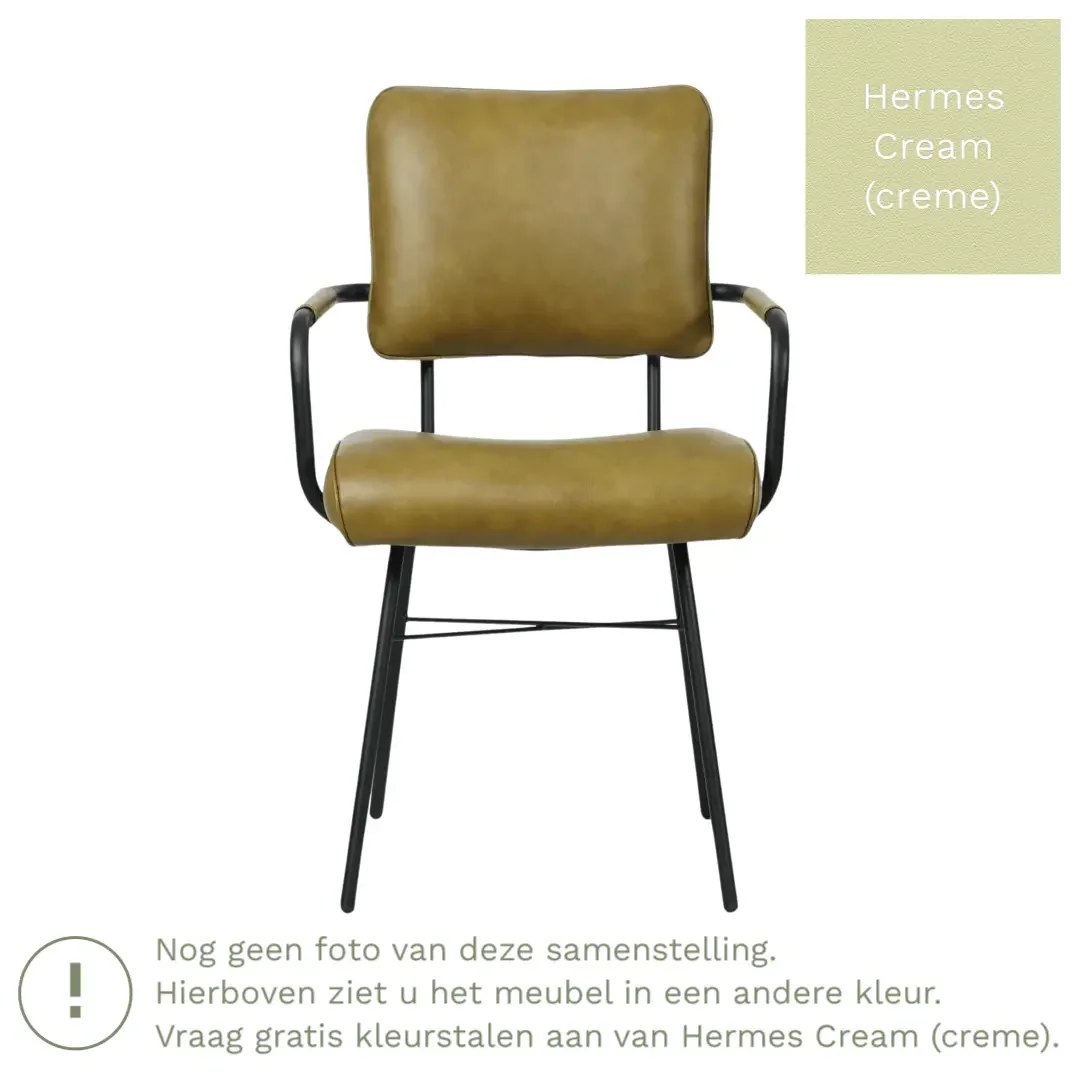 afbeelding van Leren eetkamerstoel Solid met armleuning - Hermes Cream (crème) - Poten staal rond zwart