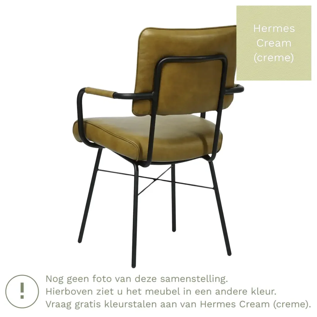 afbeelding van Leren eetkamerstoel Solid met armleuning - Hermes Cream (crème) - Poten staal rond zwart