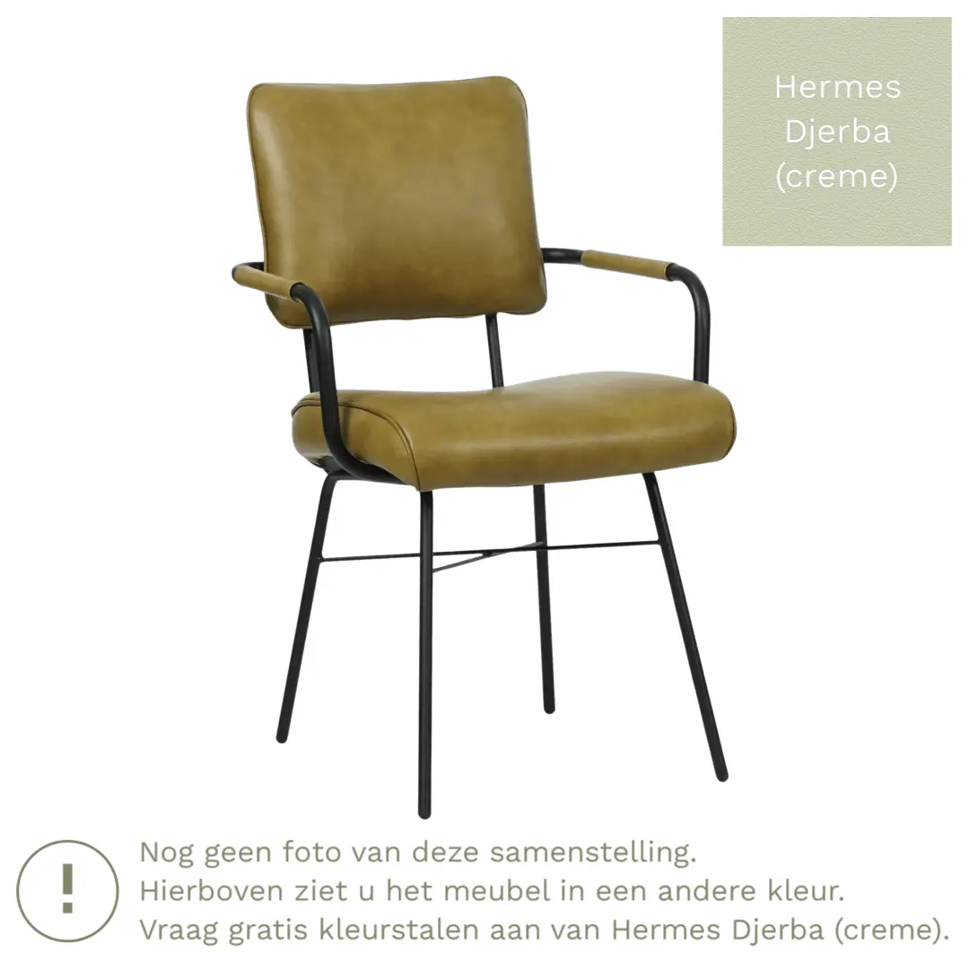 afbeelding van Leren eetkamerstoel Solid met armleuning - Hermes Djerba (crème) - Poten staal rond zwart