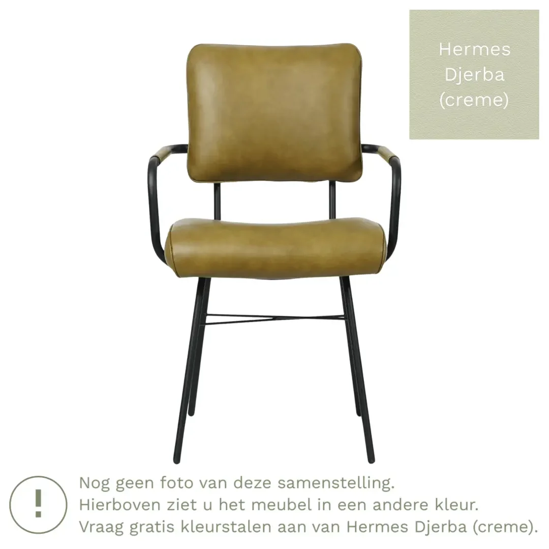 afbeelding van Leren eetkamerstoel Solid met armleuning - Hermes Djerba (crème) - Poten staal rond zwart