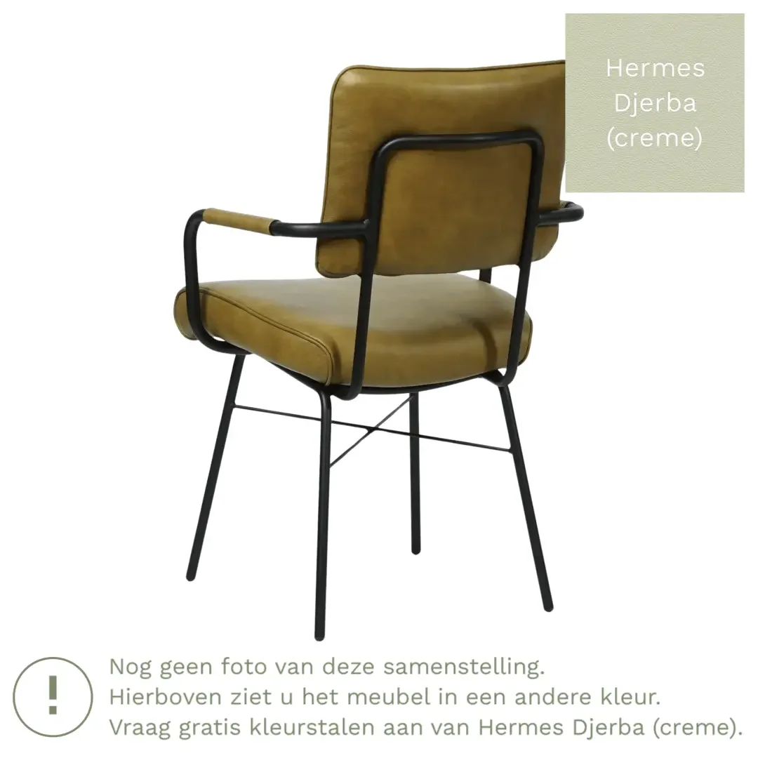 afbeelding van Leren eetkamerstoel Solid met armleuning - Hermes Djerba (crème) - Poten staal rond zwart
