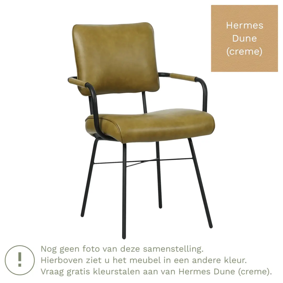 afbeelding van Leren eetkamerstoel Solid met armleuning - Hermes Dune (crème) - Poten staal rond zwart