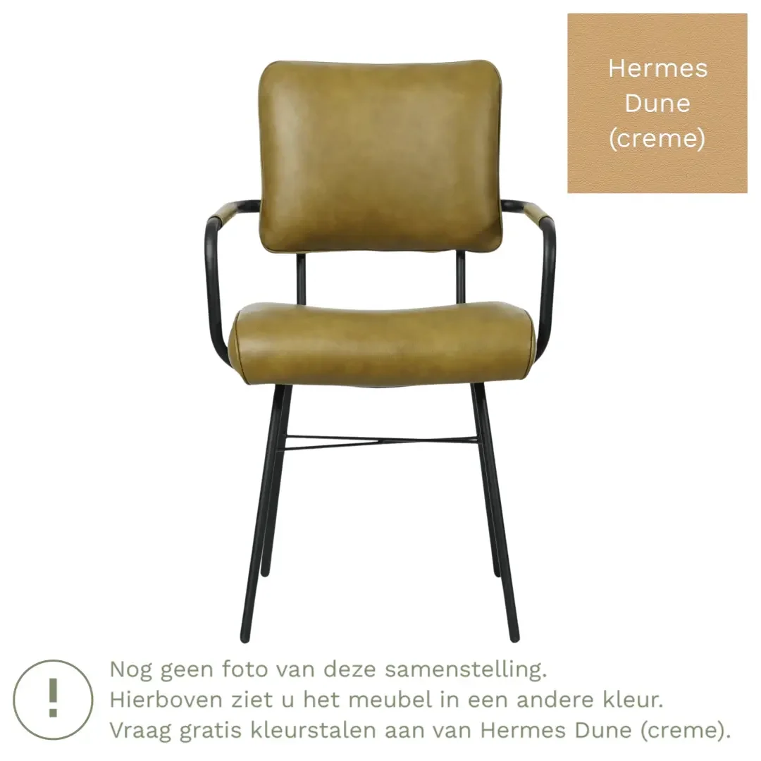 afbeelding van Leren eetkamerstoel Solid met armleuning - Hermes Dune (crème) - Poten staal rond zwart
