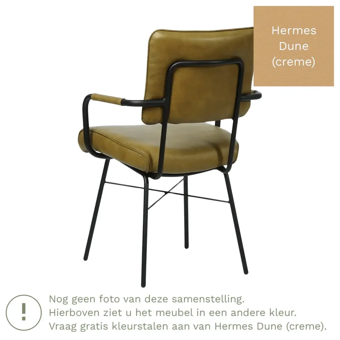 afbeelding van Leren eetkamerstoel Solid met armleuning - Hermes Dune (crème) - Poten staal rond zwart