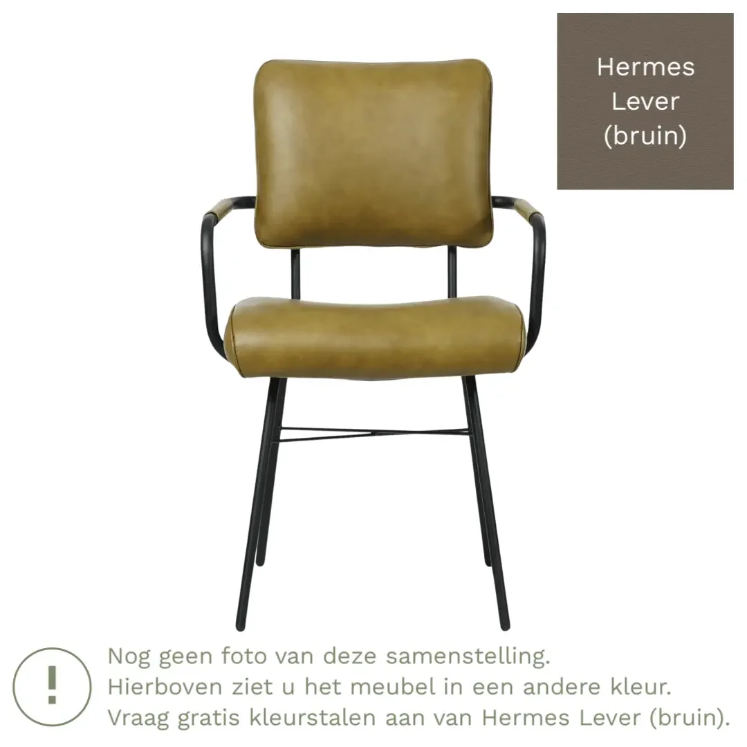 afbeelding van Leren eetkamerstoel Solid met armleuning - Hermes Lever (bruin) - Poten staal rond zwart
