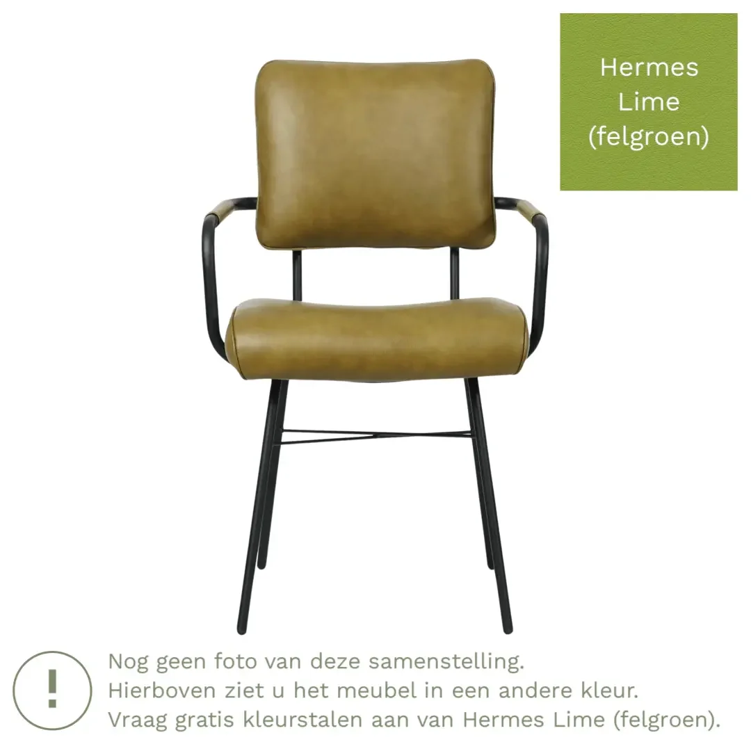 afbeelding van Leren eetkamerstoel Solid met armleuning - Hermes Lime (felgroen) - Poten staal rond zwart