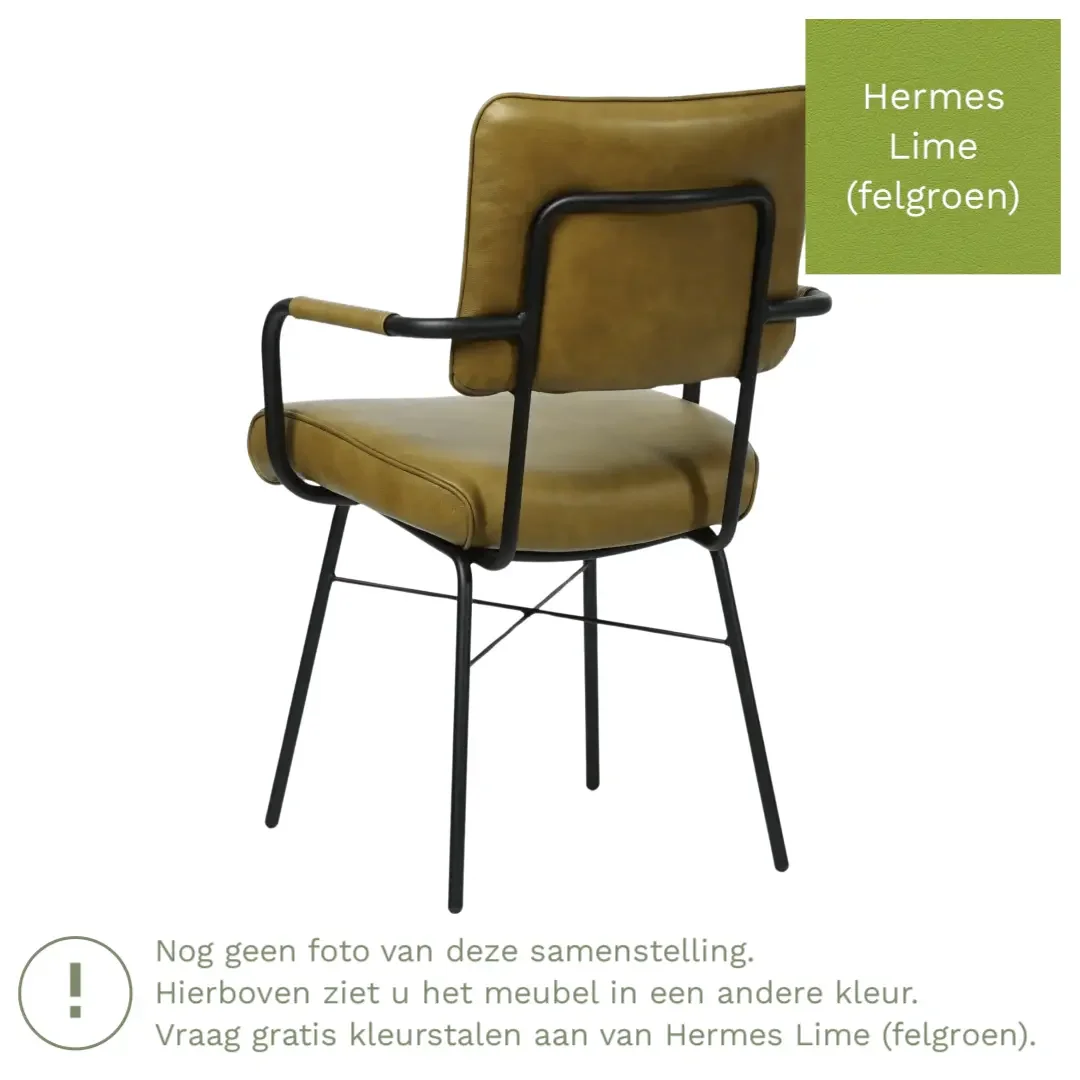 afbeelding van Leren eetkamerstoel Solid met armleuning - Hermes Lime (felgroen) - Poten staal rond zwart