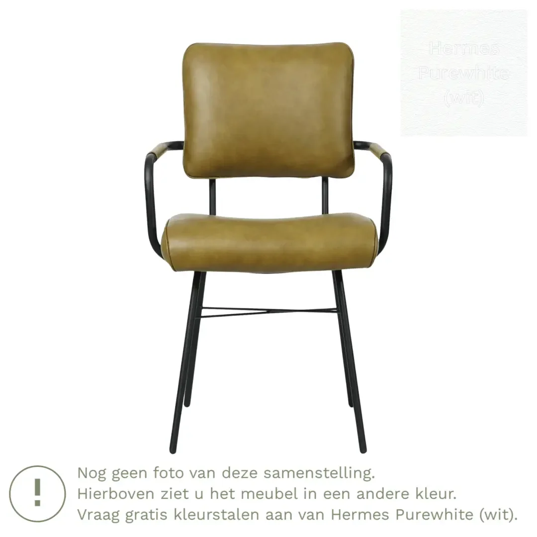 afbeelding van Leren eetkamerstoel Solid met armleuning - Hermes Purewhite (wit) - Poten staal rond zwart