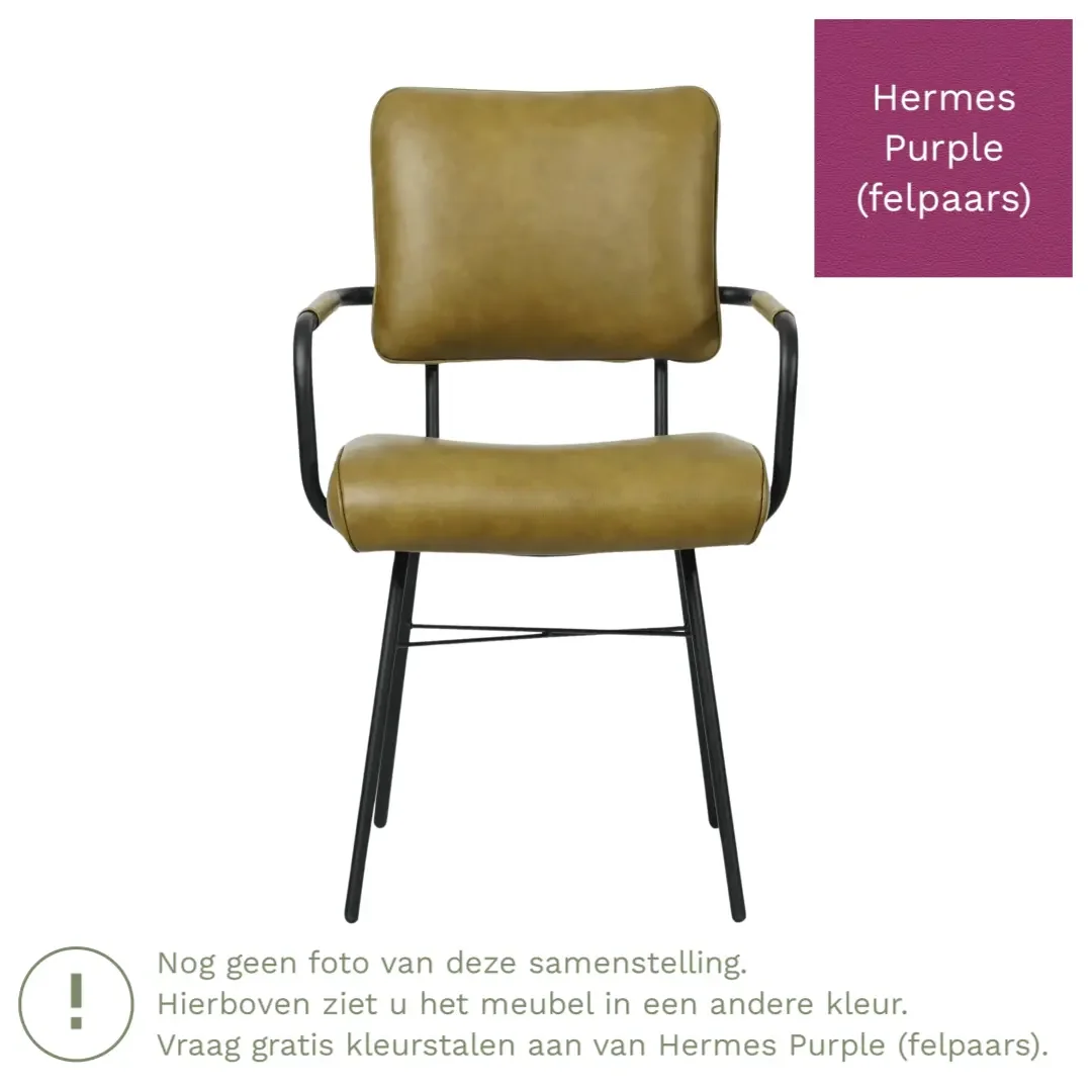 afbeelding van Leren eetkamerstoel Solid met armleuning - Hermes Purple (felpaars) - Poten staal rond zwart