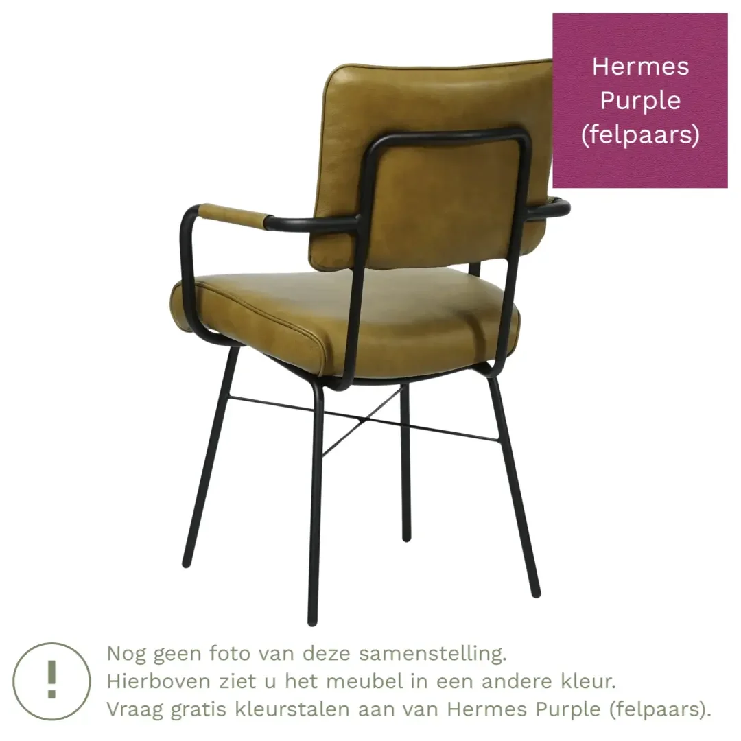 afbeelding van Leren eetkamerstoel Solid met armleuning - Hermes Purple (felpaars) - Poten staal rond zwart