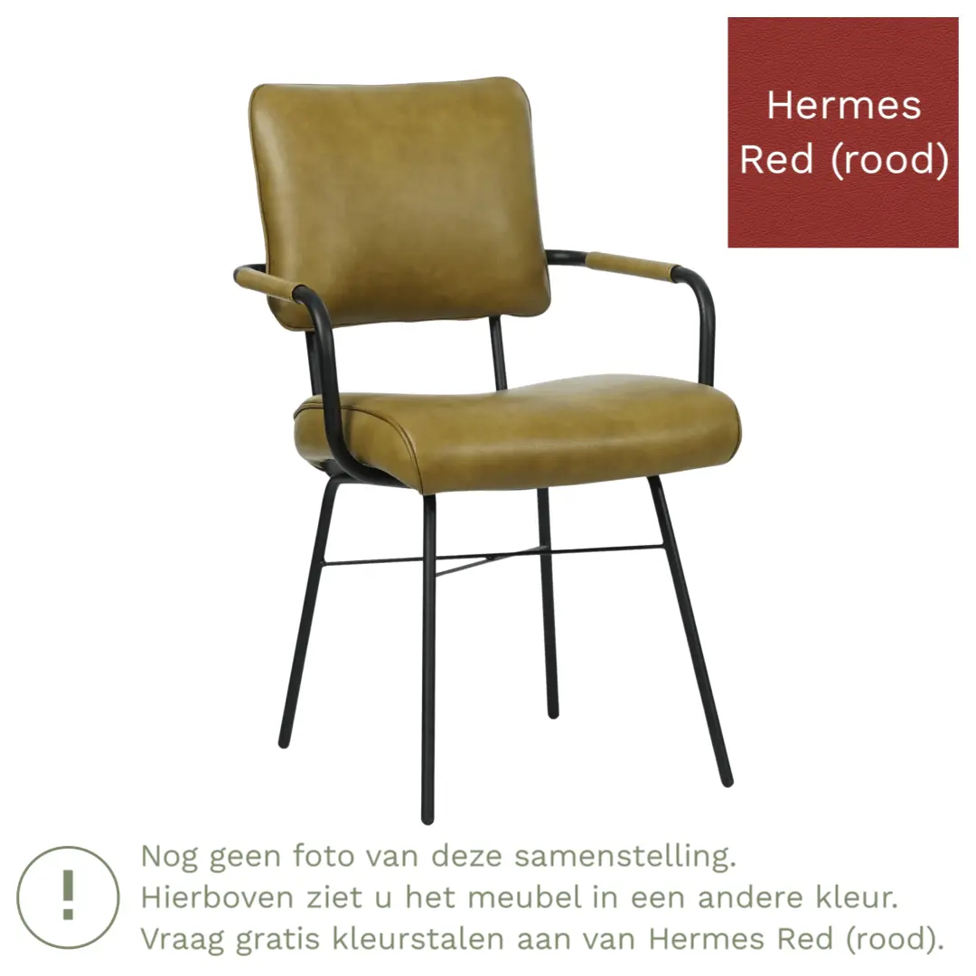afbeelding van Leren eetkamerstoel Solid met armleuning - Hermes Red (rood) - Poten staal rond zwart