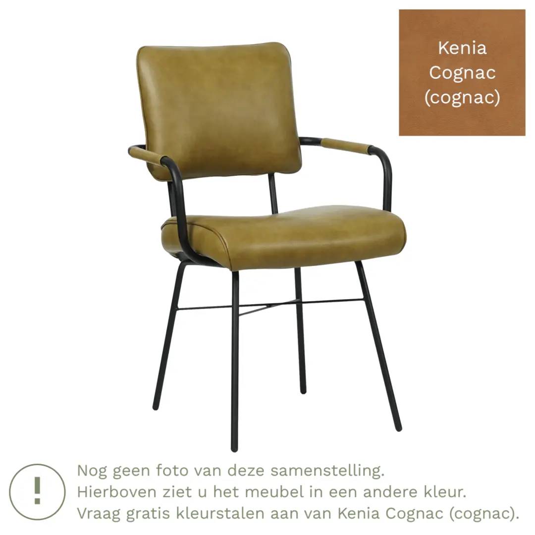 afbeelding van Leren eetkamerstoel Solid met armleuning - Kenia Cognac (cognac) - Poten staal rond zwart