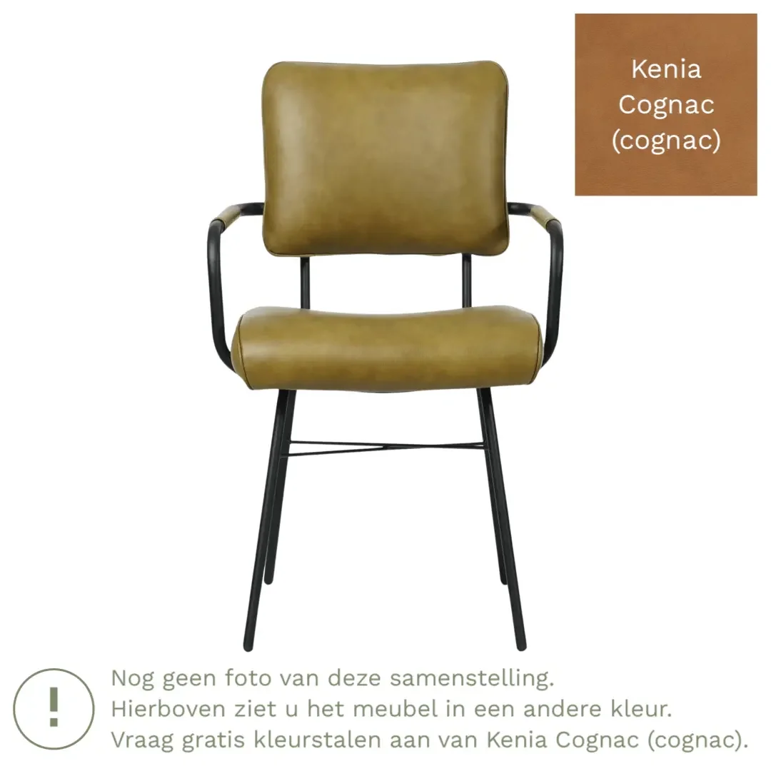 afbeelding van Leren eetkamerstoel Solid met armleuning - Kenia Cognac (cognac) - Poten staal rond zwart