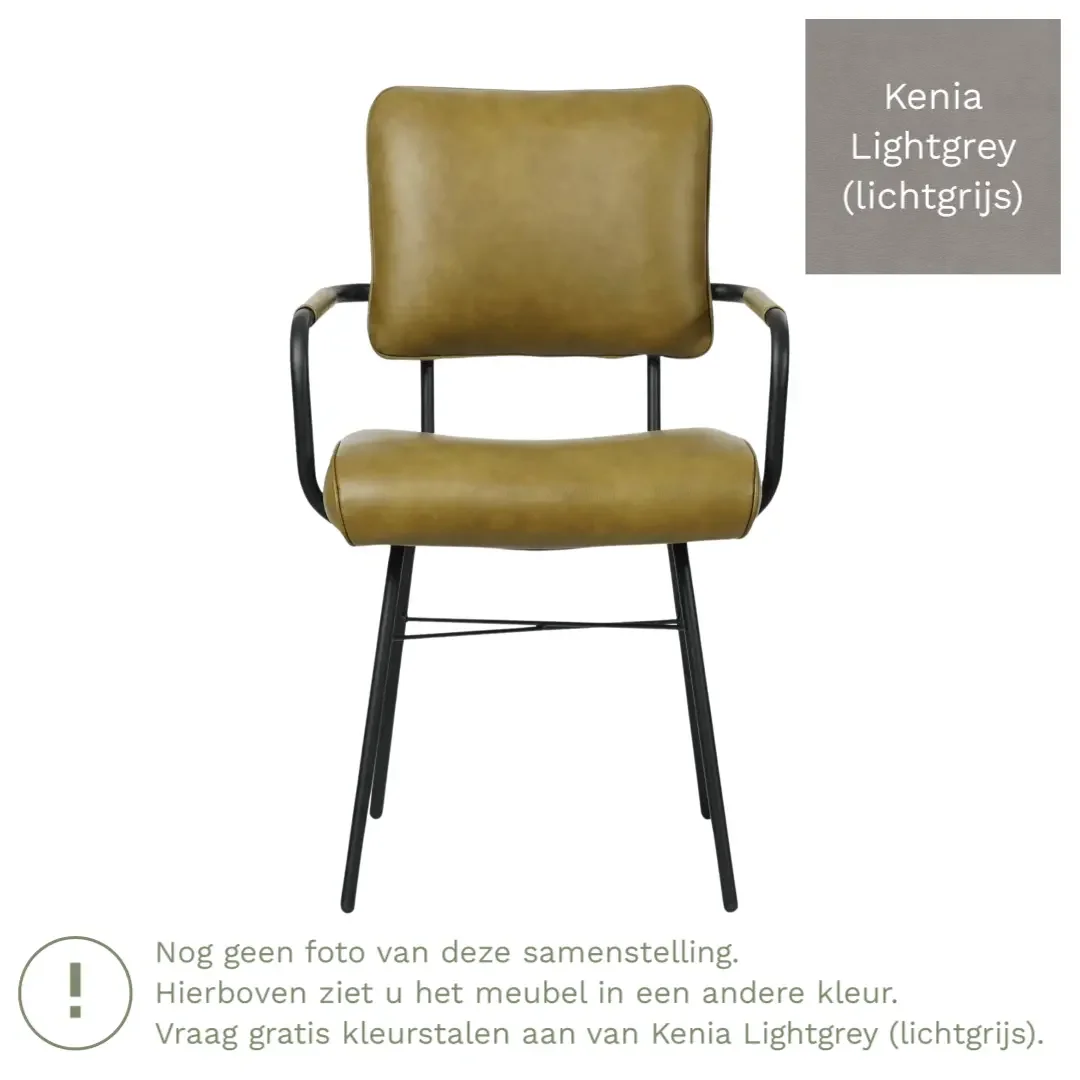 afbeelding van Leren eetkamerstoel Solid met armleuning - Kenia Lightgrey (lichtgrijs) - Poten staal rond zwart