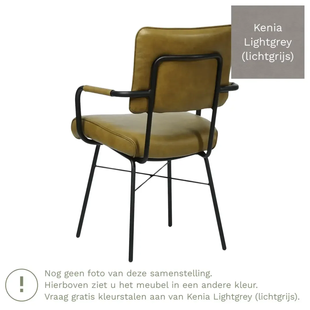 afbeelding van Leren eetkamerstoel Solid met armleuning - Kenia Lightgrey (lichtgrijs) - Poten staal rond zwart
