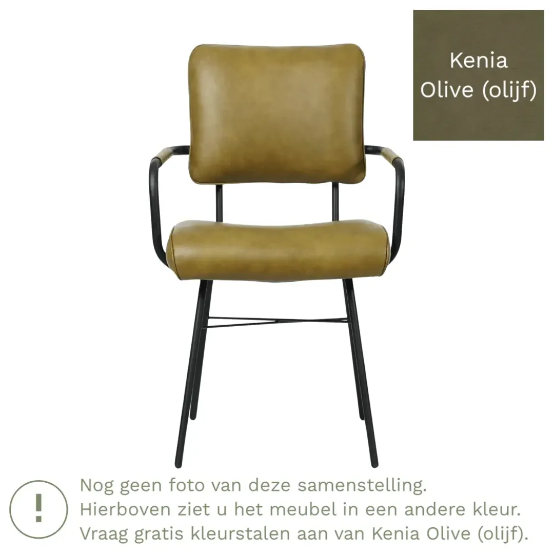 afbeelding van Leren eetkamerstoel Solid met armleuning - Kenia Olive (olijf) - Poten staal rond zwart