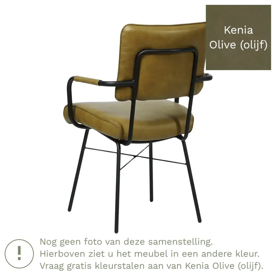 afbeelding van Leren eetkamerstoel Solid met armleuning - Kenia Olive (olijf) - Poten staal rond zwart
