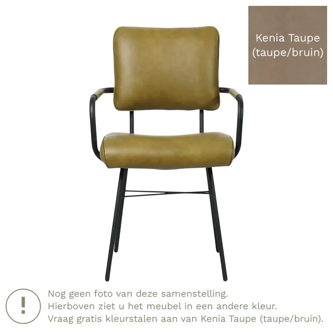 afbeelding van Leren eetkamerstoel Solid met armleuning - Kenia Taupe (taupe/bruin) - Poten staal rond zwart