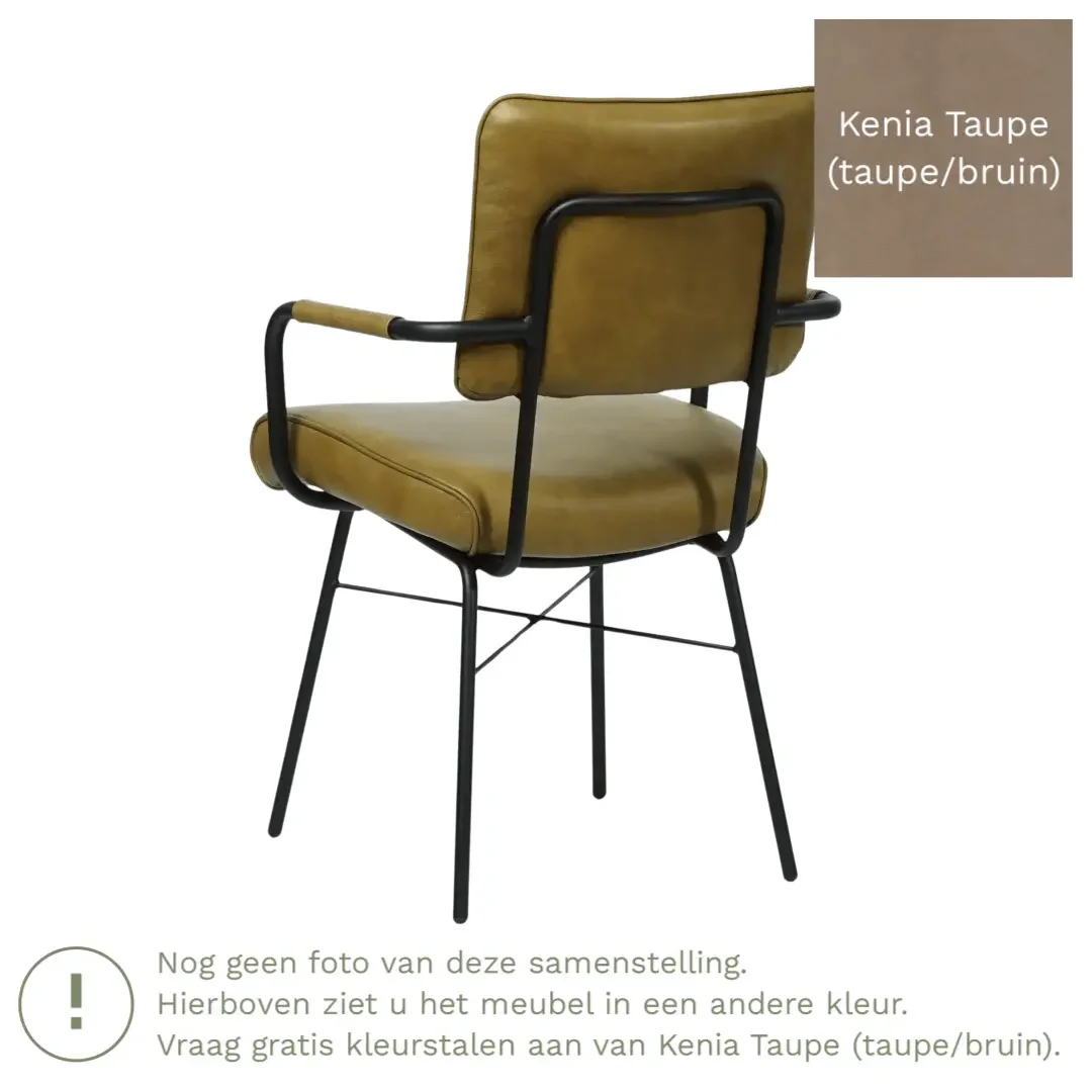 afbeelding van Leren eetkamerstoel Solid met armleuning - Kenia Taupe (taupe/bruin) - Poten staal rond zwart