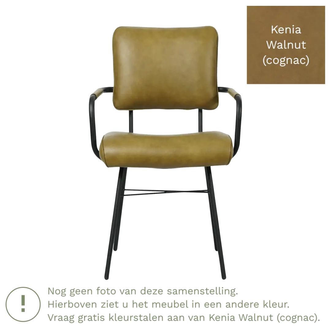 afbeelding van Leren eetkamerstoel Solid met armleuning - Kenia Walnut (cognac) - Poten staal rond zwart