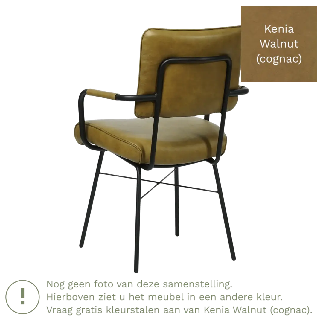 afbeelding van Leren eetkamerstoel Solid met armleuning - Kenia Walnut (cognac) - Poten staal rond zwart