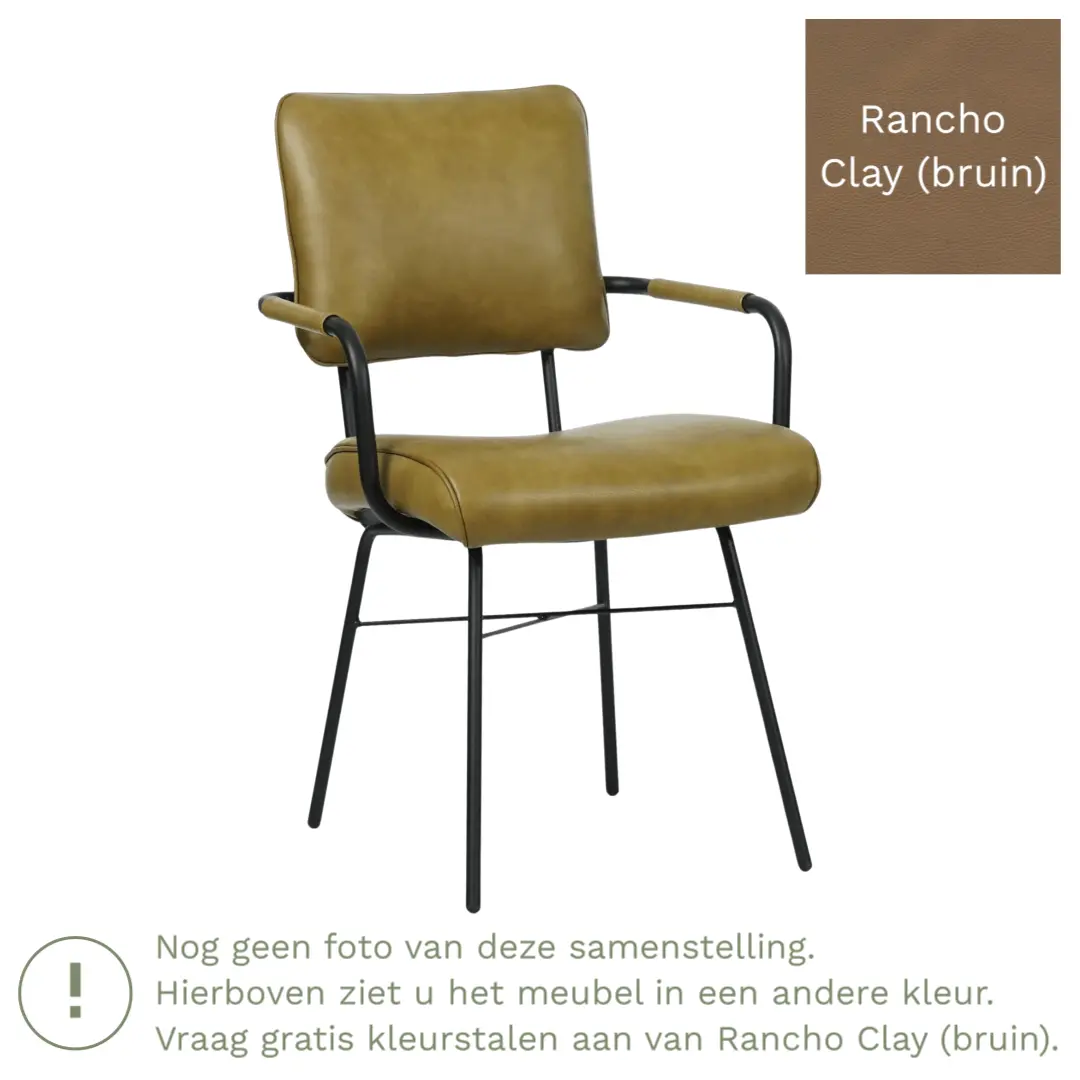 afbeelding van Leren eetkamerstoel Solid met armleuning - Rancho Clay (bruin) - Poten staal rond zwart