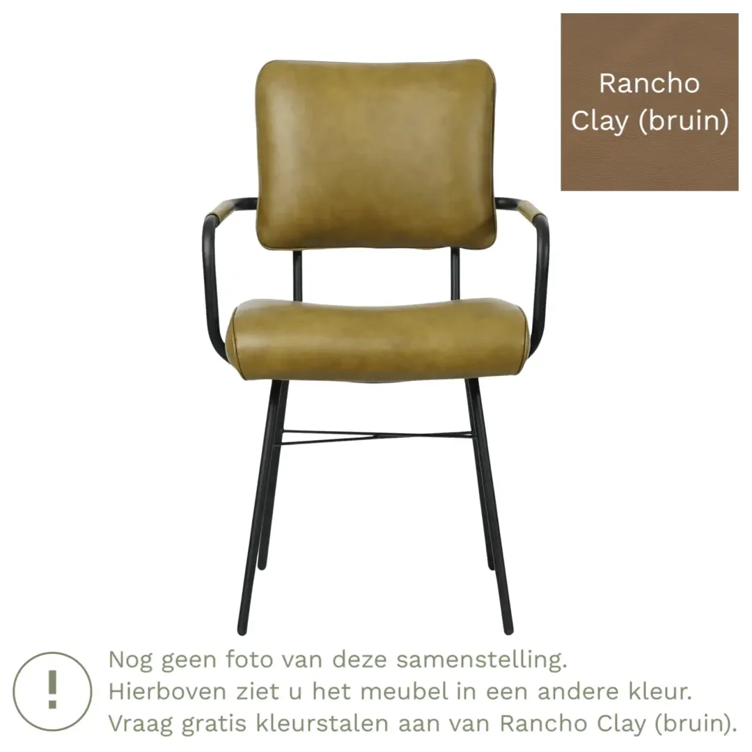 afbeelding van Leren eetkamerstoel Solid met armleuning - Rancho Clay (bruin) - Poten staal rond zwart