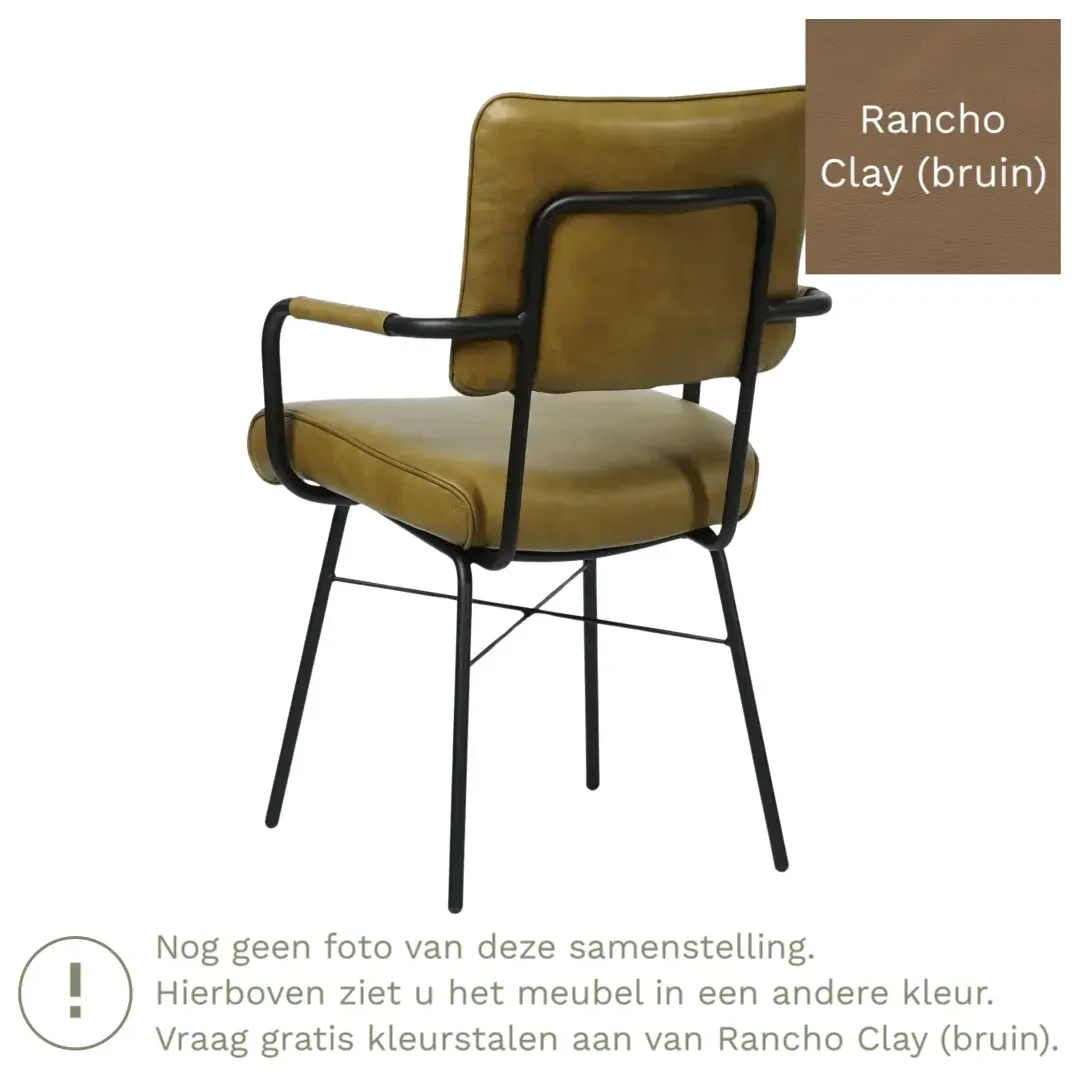 afbeelding van Leren eetkamerstoel Solid met armleuning - Rancho Clay (bruin) - Poten staal rond zwart