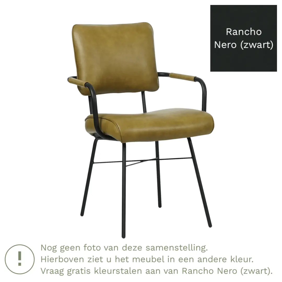 afbeelding van Leren eetkamerstoel Solid met armleuning - Rancho Nero (zwart) - Poten staal rond zwart