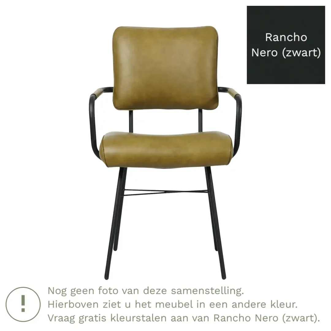 afbeelding van Leren eetkamerstoel Solid met armleuning - Rancho Nero (zwart) - Poten staal rond zwart