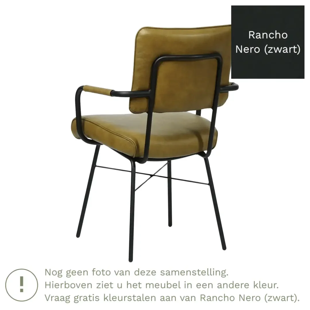 afbeelding van Leren eetkamerstoel Solid met armleuning - Rancho Nero (zwart) - Poten staal rond zwart