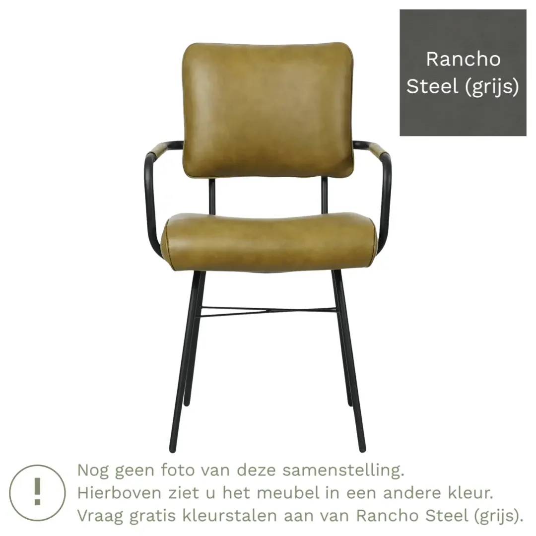 afbeelding van Leren eetkamerstoel Solid met armleuning - Rancho Steel (grijs) - Poten staal rond zwart