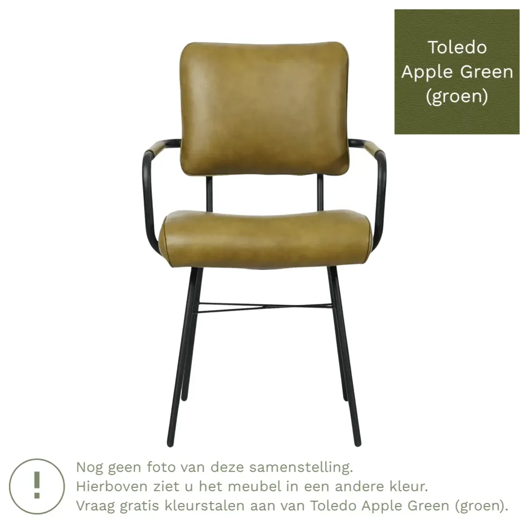 afbeelding van Leren eetkamerstoel Solid met armleuning - Toledo Apple Green (groen) - Poten staal rond zwart