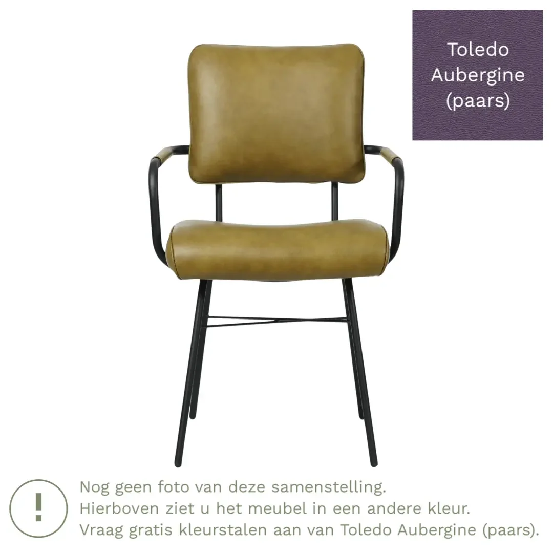 afbeelding van Leren eetkamerstoel Solid met armleuning - Toledo Aubergine (paars) - Poten staal rond zwart