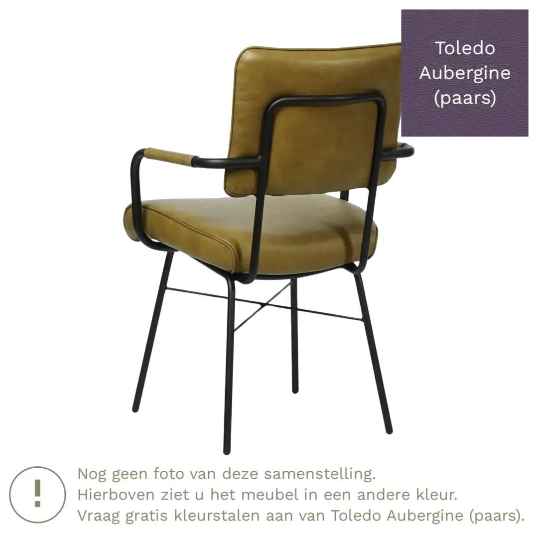 afbeelding van Leren eetkamerstoel Solid met armleuning - Toledo Aubergine (paars) - Poten staal rond zwart