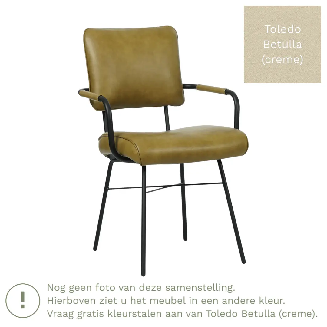 afbeelding van Leren eetkamerstoel Solid met armleuning - Toledo Betulla (crème) - Poten staal rond zwart