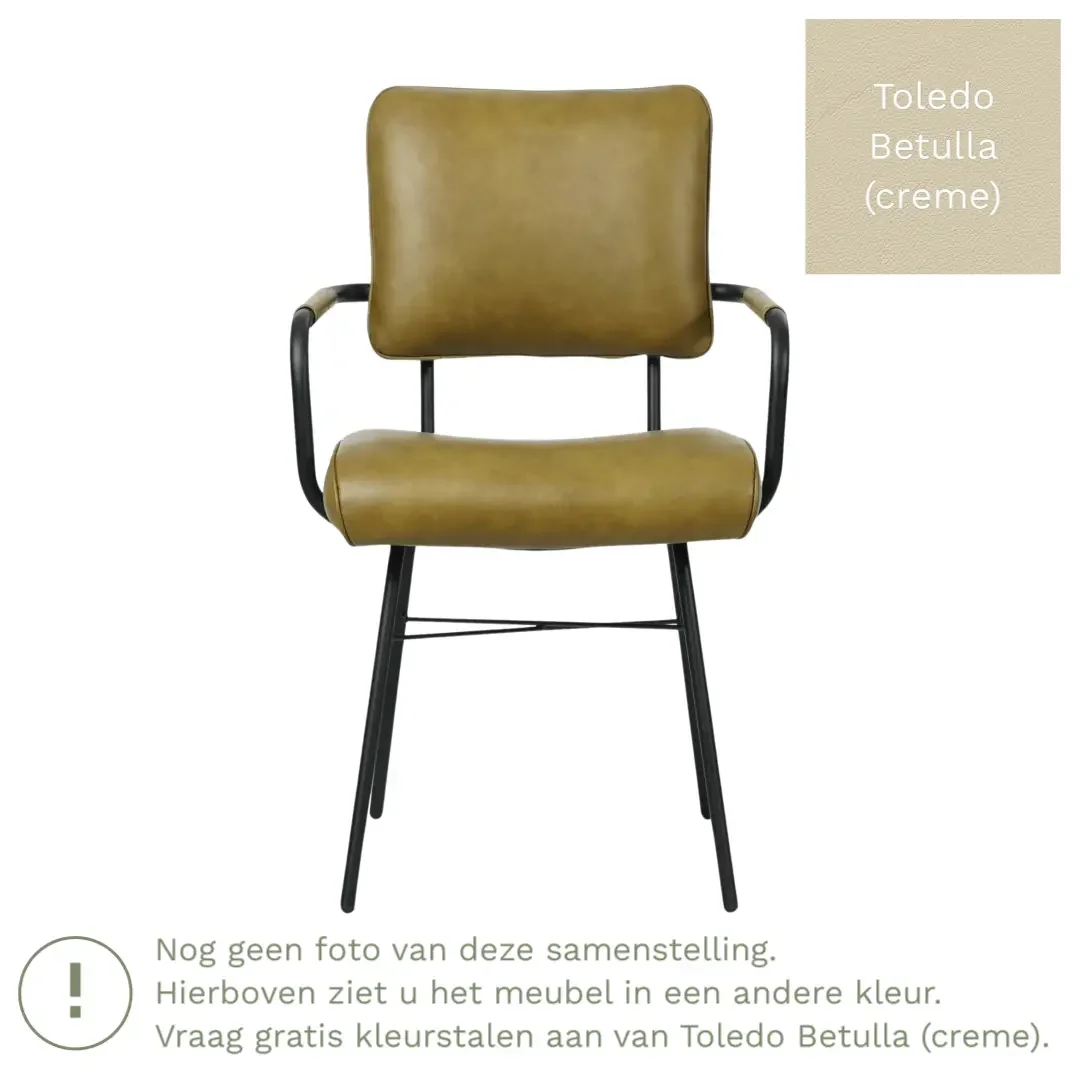 afbeelding van Leren eetkamerstoel Solid met armleuning - Toledo Betulla (crème) - Poten staal rond zwart