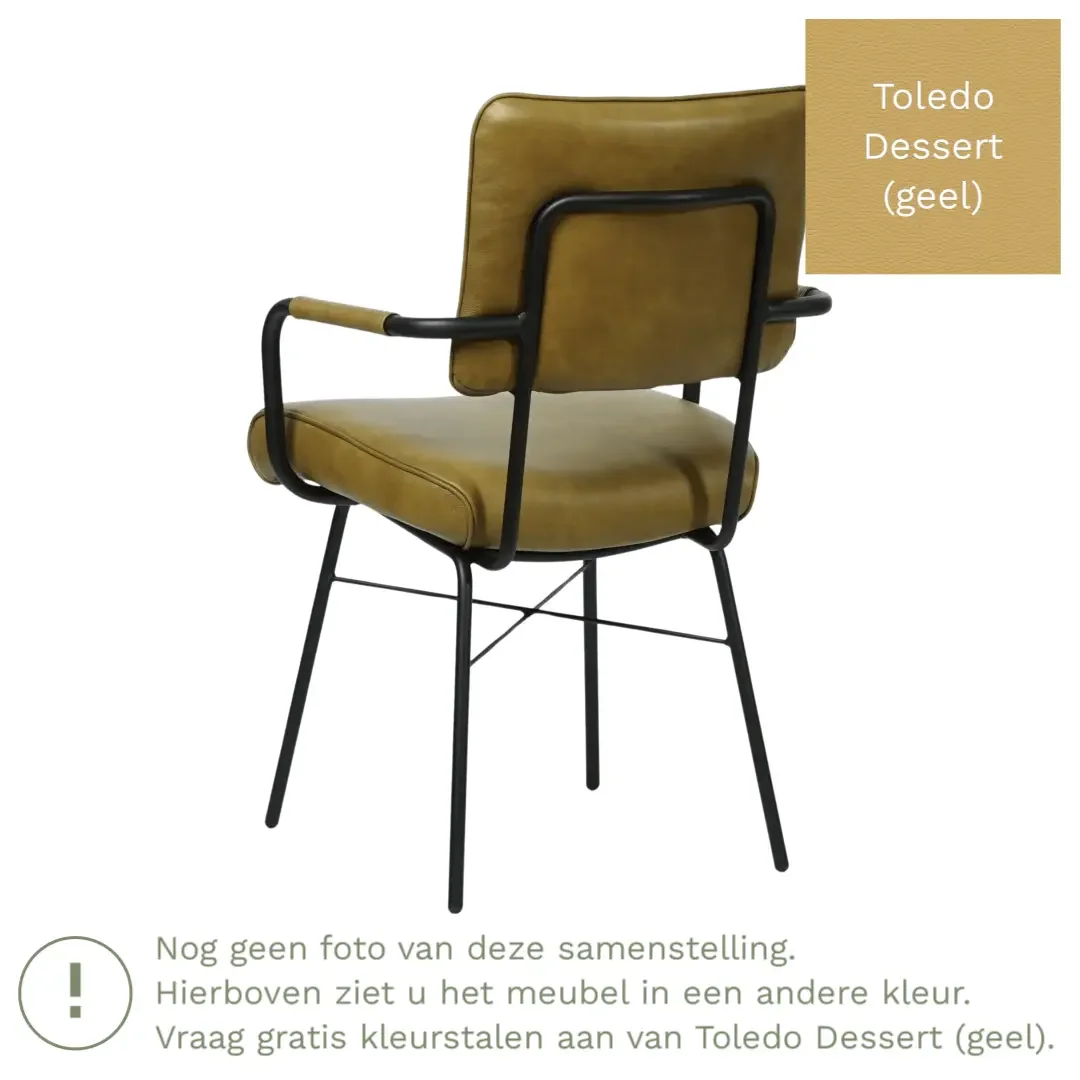 afbeelding van Leren eetkamerstoel Solid met armleuning - Toledo Dessert (geel) - Poten staal rond zwart