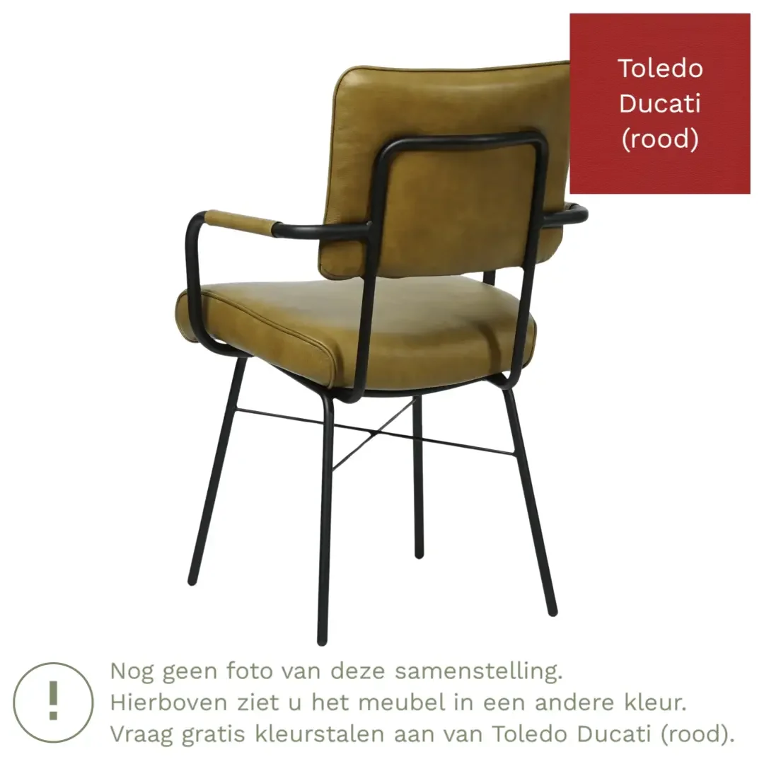 afbeelding van Leren eetkamerstoel Solid met armleuning - Toledo Ducati (rood) - Poten staal rond zwart
