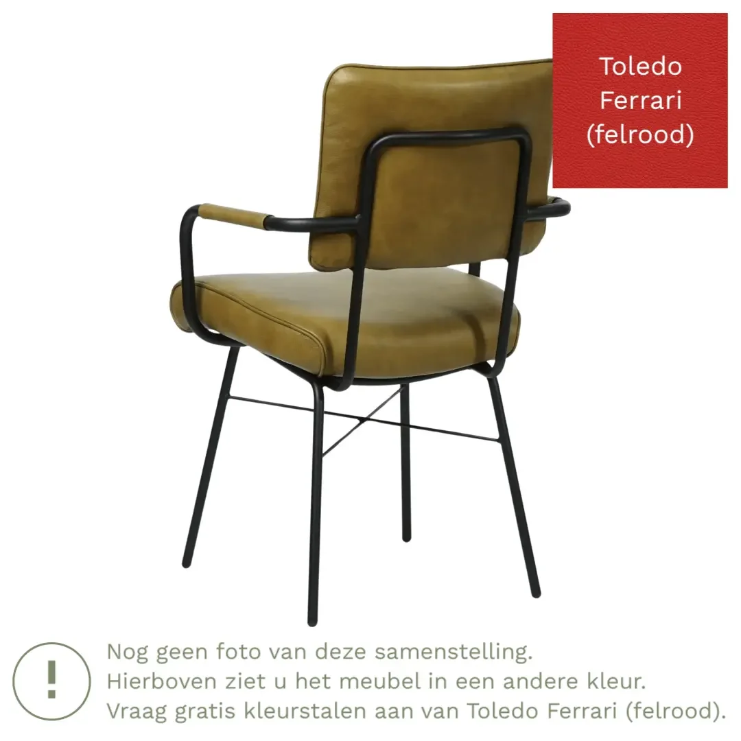 afbeelding van Leren eetkamerstoel Solid met armleuning - Toledo Ferrari (felrood) - Poten staal rond zwart