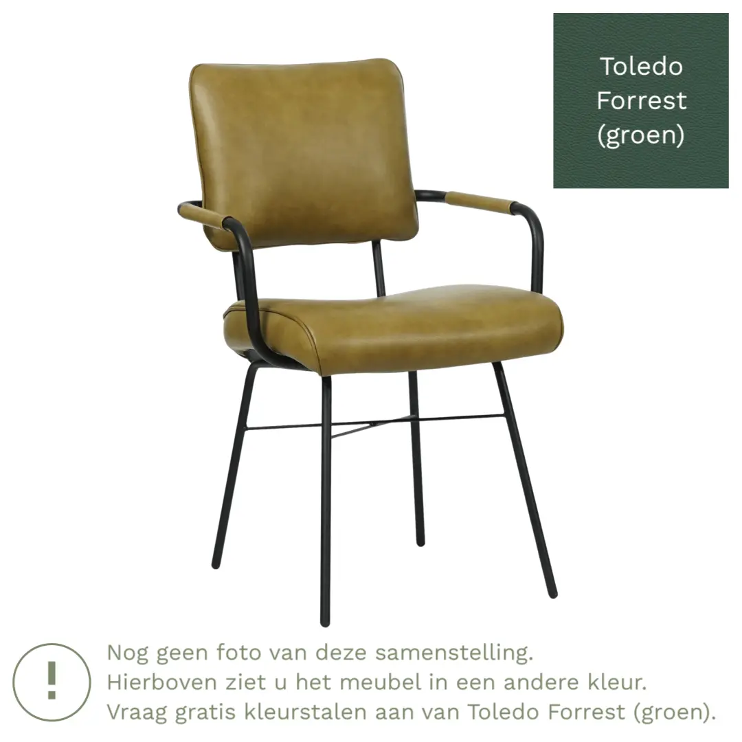afbeelding van Leren eetkamerstoel Solid met armleuning - Toledo Forrest (groen) - Poten staal rond zwart