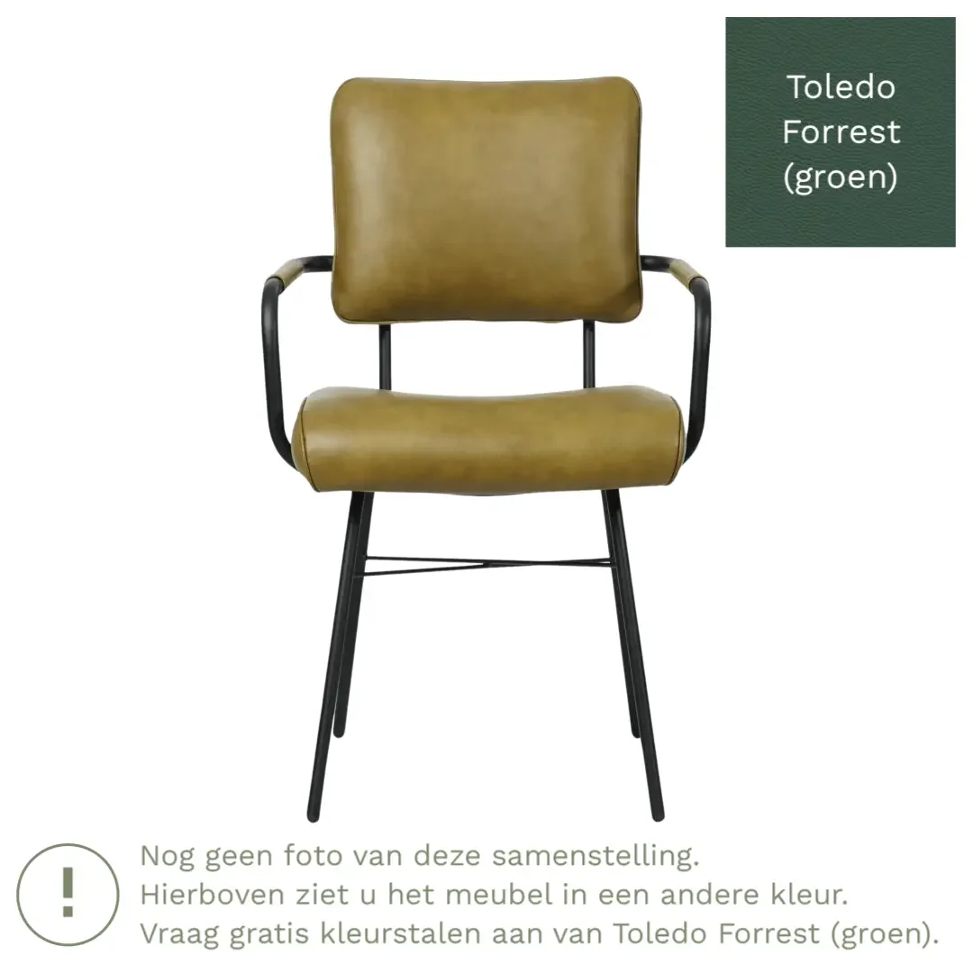 afbeelding van Leren eetkamerstoel Solid met armleuning - Toledo Forrest (groen) - Poten staal rond zwart
