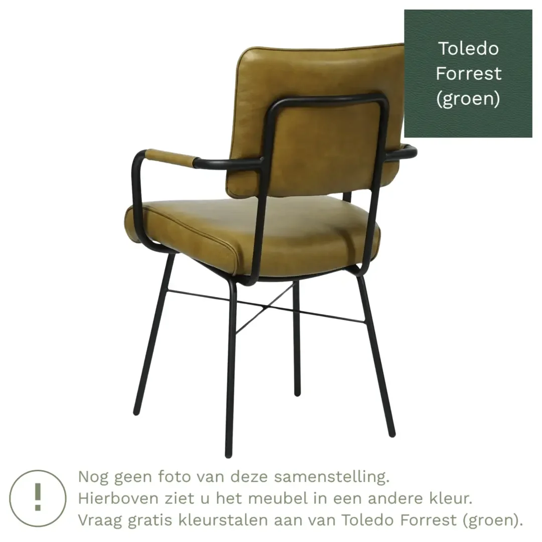 afbeelding van Leren eetkamerstoel Solid met armleuning - Toledo Forrest (groen) - Poten staal rond zwart