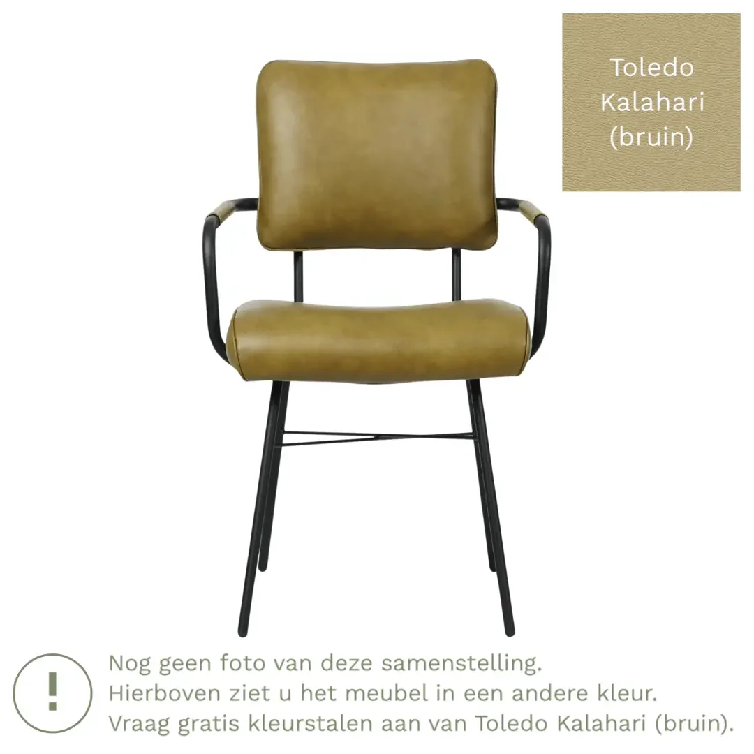 afbeelding van Leren eetkamerstoel Solid met armleuning - Toledo Kalahari (bruin) - Poten staal rond zwart
