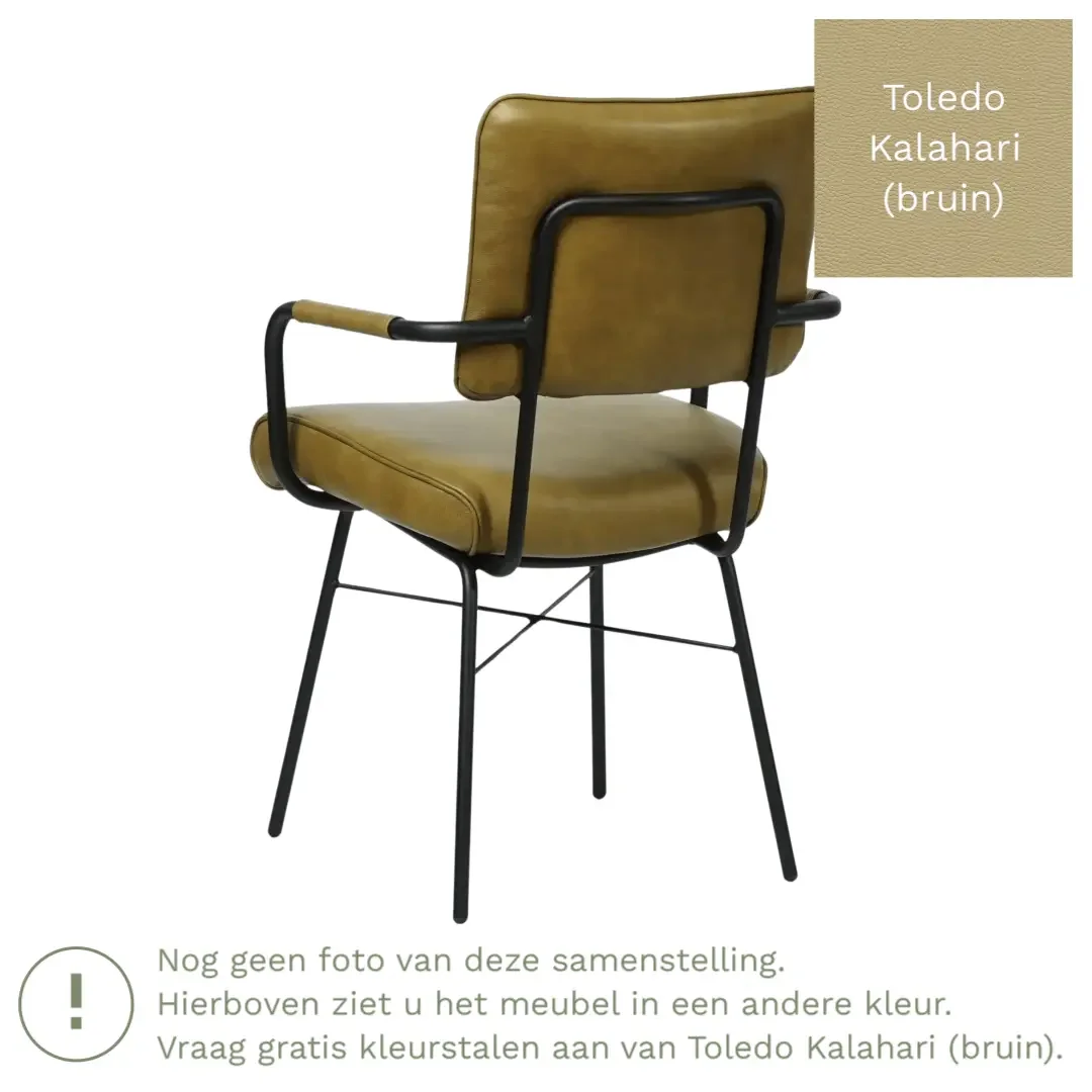 afbeelding van Leren eetkamerstoel Solid met armleuning - Toledo Kalahari (bruin) - Poten staal rond zwart