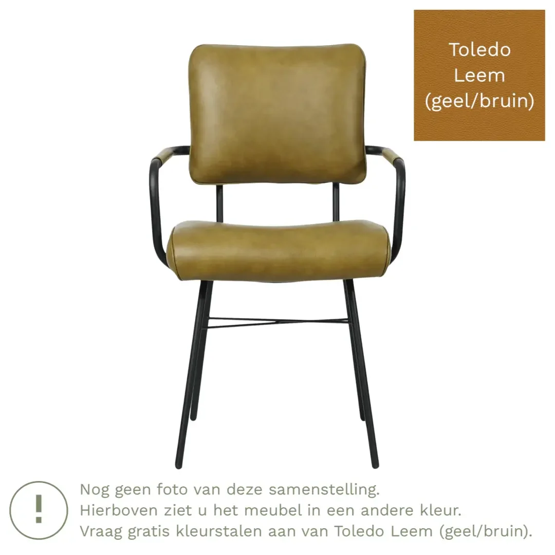 afbeelding van Leren eetkamerstoel Solid met armleuning - Toledo Leem (geel/bruin) - Poten staal rond zwart