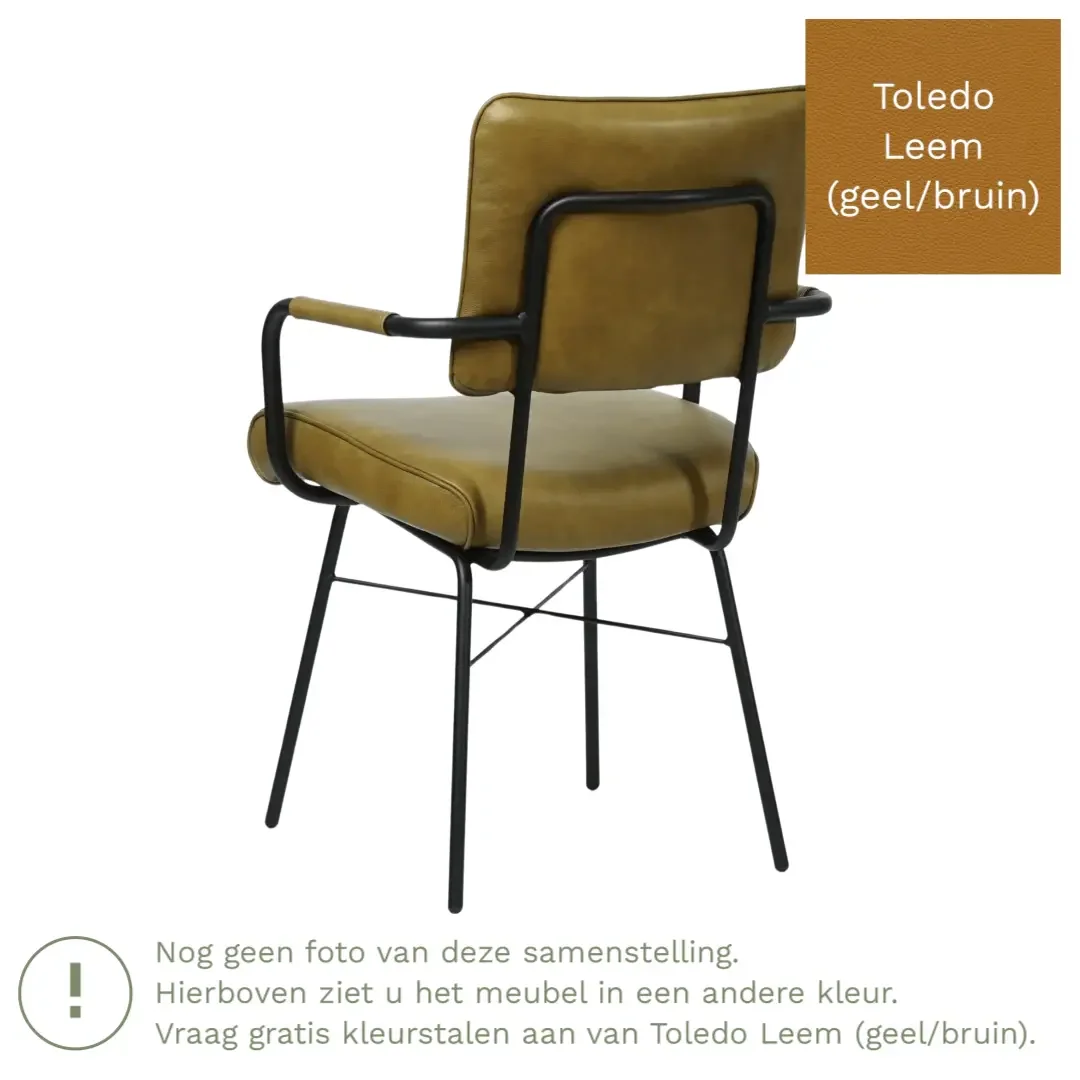 afbeelding van Leren eetkamerstoel Solid met armleuning - Toledo Leem (geel/bruin) - Poten staal rond zwart