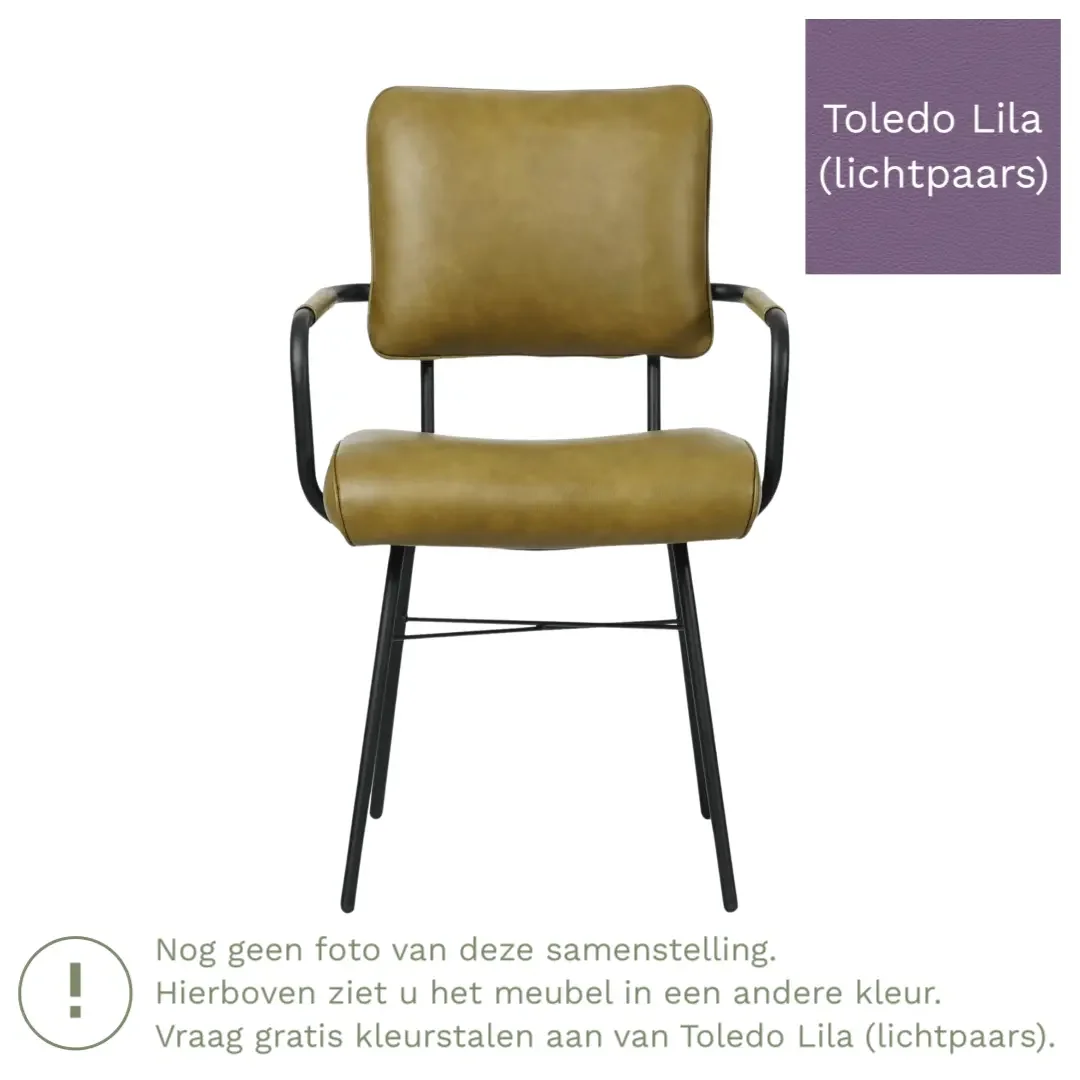 afbeelding van Leren eetkamerstoel Solid met armleuning - Toledo Lila (lichtpaars) - Poten staal rond zwart