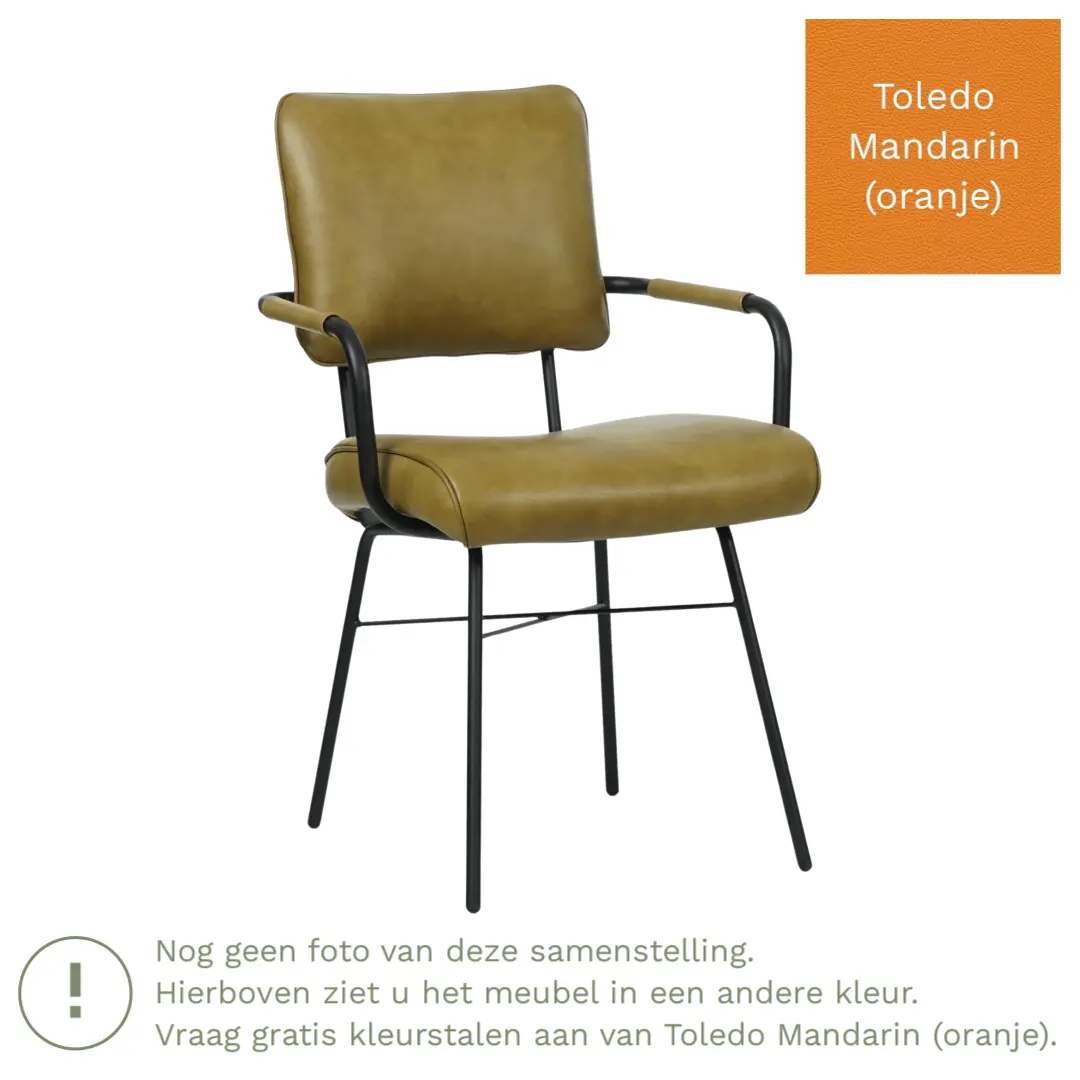 afbeelding van Leren eetkamerstoel Solid met armleuning - Toledo Mandarin (oranje) - Poten staal rond zwart
